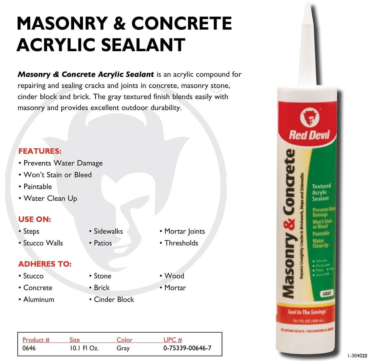 Red Devil 0646 Masonry and Concrete Acrylic Sealant Repair, Gray, 10.1 Oz Cartridge