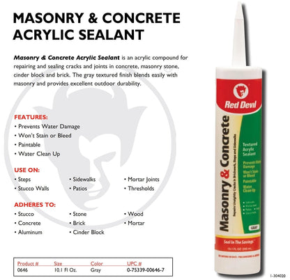 Red Devil 0646 Masonry and Concrete Acrylic Sealant Repair, Gray, 10.1 Oz Cartridge