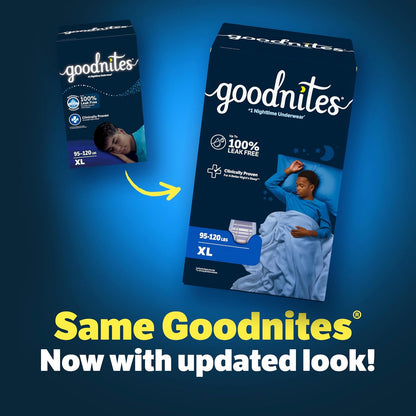Goodnites Ropa interior nocturna para mojar la cama, talla XL para niños (93-140 libras.), 9 unidades