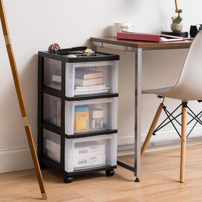 IRIS USA Carrito Organizador con Ruedas de 3 Cajones, Negro/Transparente | Organiza manualidades, artículos de oficina, salón y accesorios con cajones de fácil acceso para uso diario