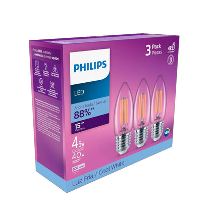 Philips LED Foco Filamento B11 base E27 luz fría 3 Pack