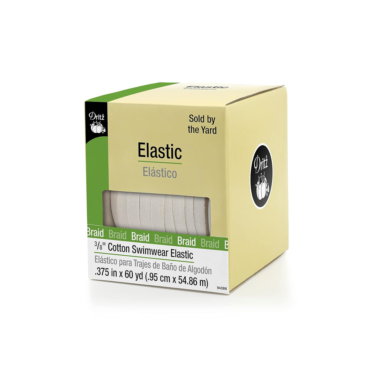 Dritz 9385N - Elástico Trenzado de algodón para Traje de baño, Natural, 3/8"-x-60yds-elastic, 3/8-Inch by 60-Yard, 1 - 3 - 8-Inch by 60-Yard