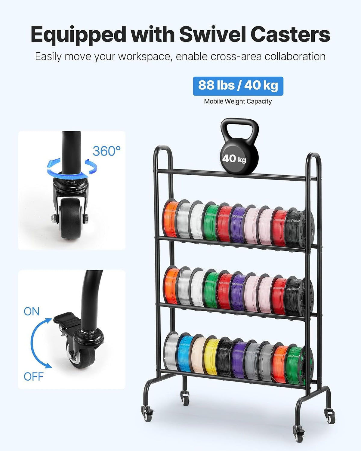 VEVOR Estante de Almacenamiento de Filamentos de 4 Niveles para Impresión 3D Soporte de Metal para Bobinas de Filamento con Ruedas 750 x 455 x 1230 mm para Estudios, Talleres, Oficinas, Negro