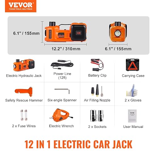 VEVOR Kit de Gato Hidráulico Eléctrico de 5T 12V Elevador Automático de Automóvil 155-450 mm Gato Elevador con Llave de Impacto Luz LED Inflador de Neumáticos para Carretera SUV Sedán o Cualquier Vehículo