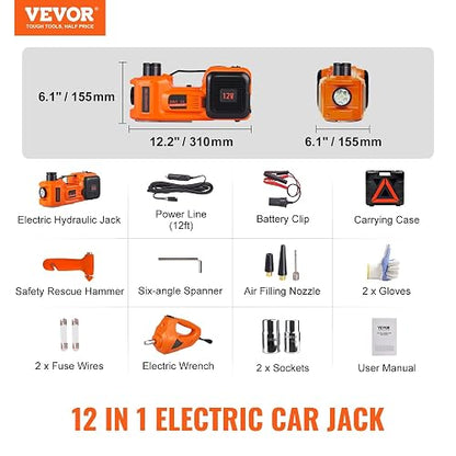 VEVOR Kit de Gato Hidráulico Eléctrico de 5T 12V Elevador Automático de Automóvil 155-450 mm Gato Elevador con Llave de Impacto Luz LED Inflador de Neumáticos para Carretera SUV Sedán o Cualquier Vehículo