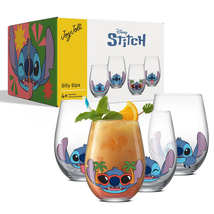JoyJolt Disney Stitch Tonly Sips - Vasos para beber sin tallo, tazas de vidrio de lágrima de 19 onzas, juego de 4 vasos de vidrio, cosas de puntada, regalos de Lilo y puntada, regalos de Disney para