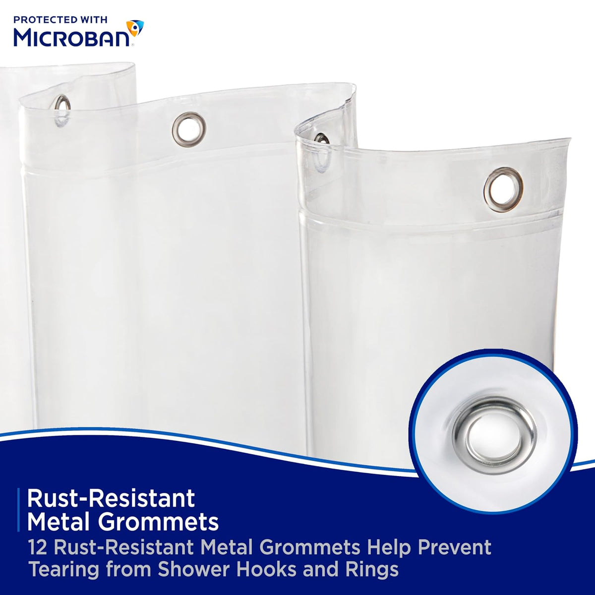 Kenney MB61160 Microban Protector de cortina de ducha impermeable de PEVA de calibre 4.8 con ojales de metal resistentes al óxido y dobladillo magnético pesado para baño, 70 pulgadas de ancho x 72 pulgadas de alto, transparente, 1 paquete