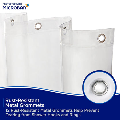 Kenney MB61160 Microban Protector de cortina de ducha impermeable de PEVA de calibre 4.8 con ojales de metal resistentes al óxido y dobladillo magnético pesado para baño, 70 pulgadas de ancho x 72 pulgadas de alto, transparente, 1 paquete