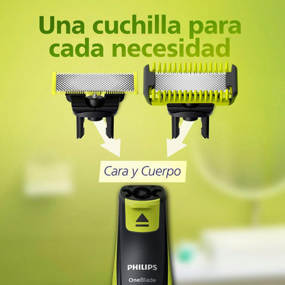 Philips OneBlade Afeitadora y Recortadora Eléctrica Face & Body para Hombre | Recorta, perfila y afeita | Corta el vello, no tu piel | Uso seco y húmedo | 5 accesorios y cuchilla adicional | QP2824/10