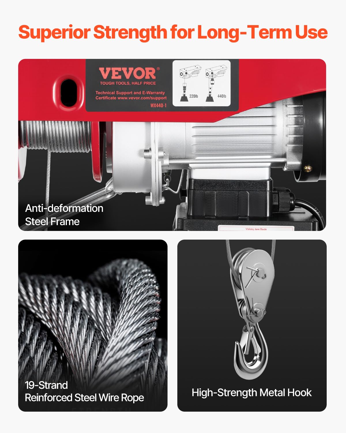 VEVOR - Elevador eléctrico, capacidad de elevación de 420 libras, cabrestante eléctrico de acero de 480 W 110 V con control remoto inalámbrico, altura de elevación de un solo cable de 40 pies y motor