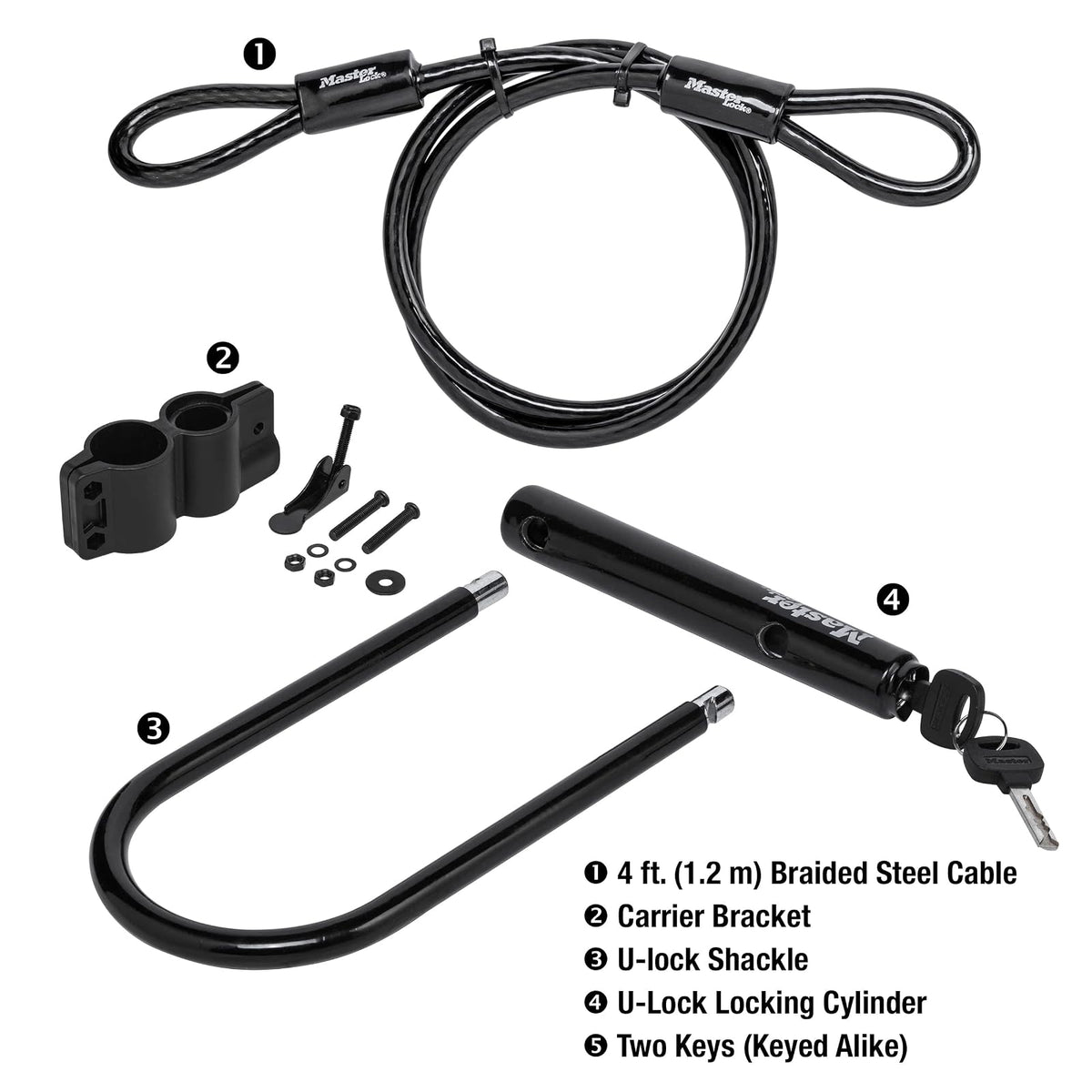 Master Lock Cerradura en U de 7.25 pulgadas con cable de extremo en bucle, negro