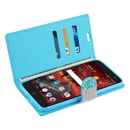 Reiko - Funda Tipo portafolios para ZTE Grand X4, diseño de Diamantes de imitación, Color Negro, Azul