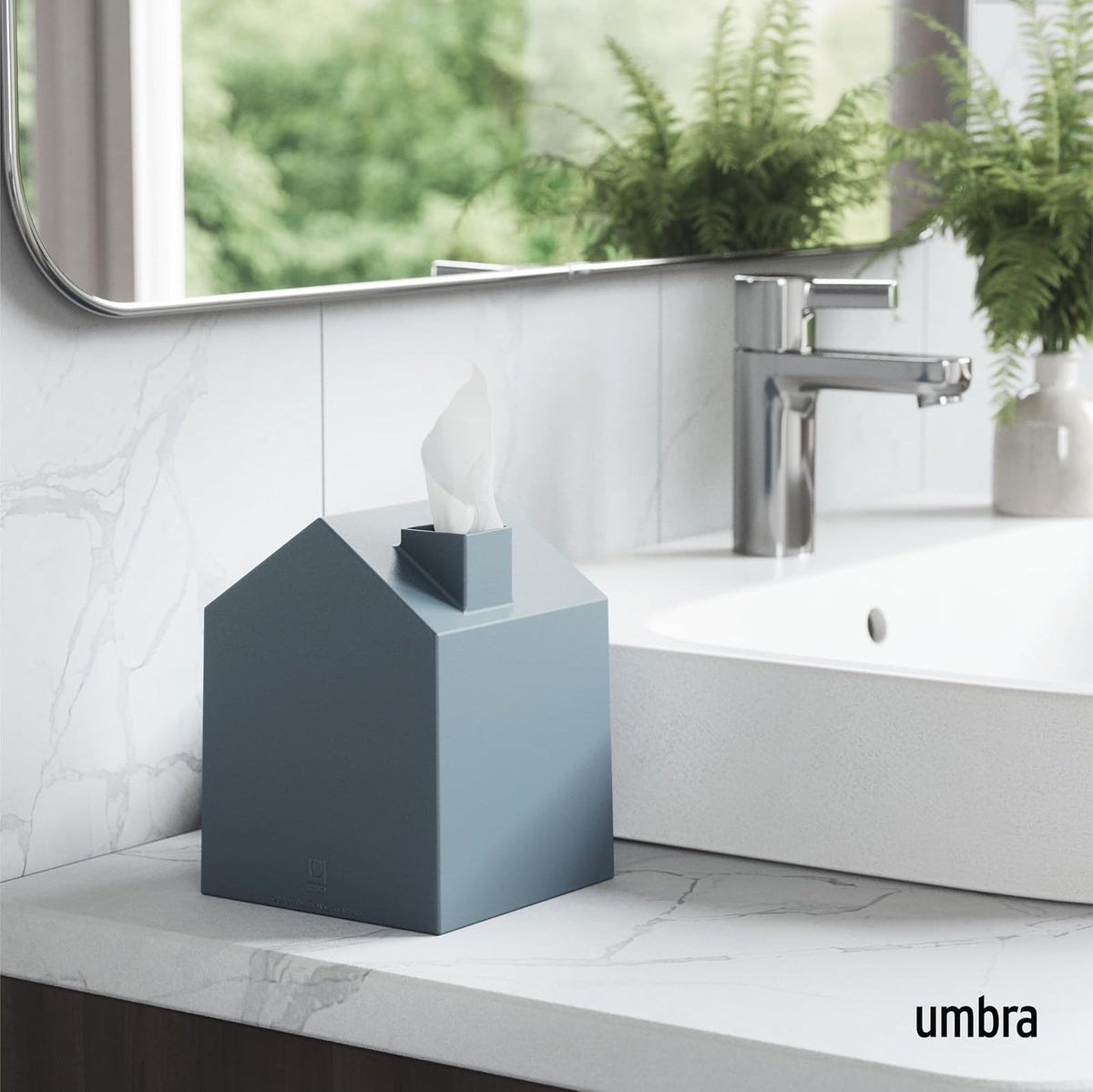 Umbra Caja de pañuelos Decorativa – Dispensador de pañuelos Moderno y Decorativo para baño, Oficina, Dormitorio y más, Color Azul Pizarra, 13 x 13 x 17 cm