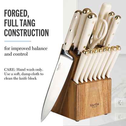 Martha Stewart Juego De Cuchillos Lockton 16 Piezas | Acero Inoxidable De Alto Carbono, Mango Forjado De ABS, Bloque De Madera De Acacia, Blanco Y Dorado