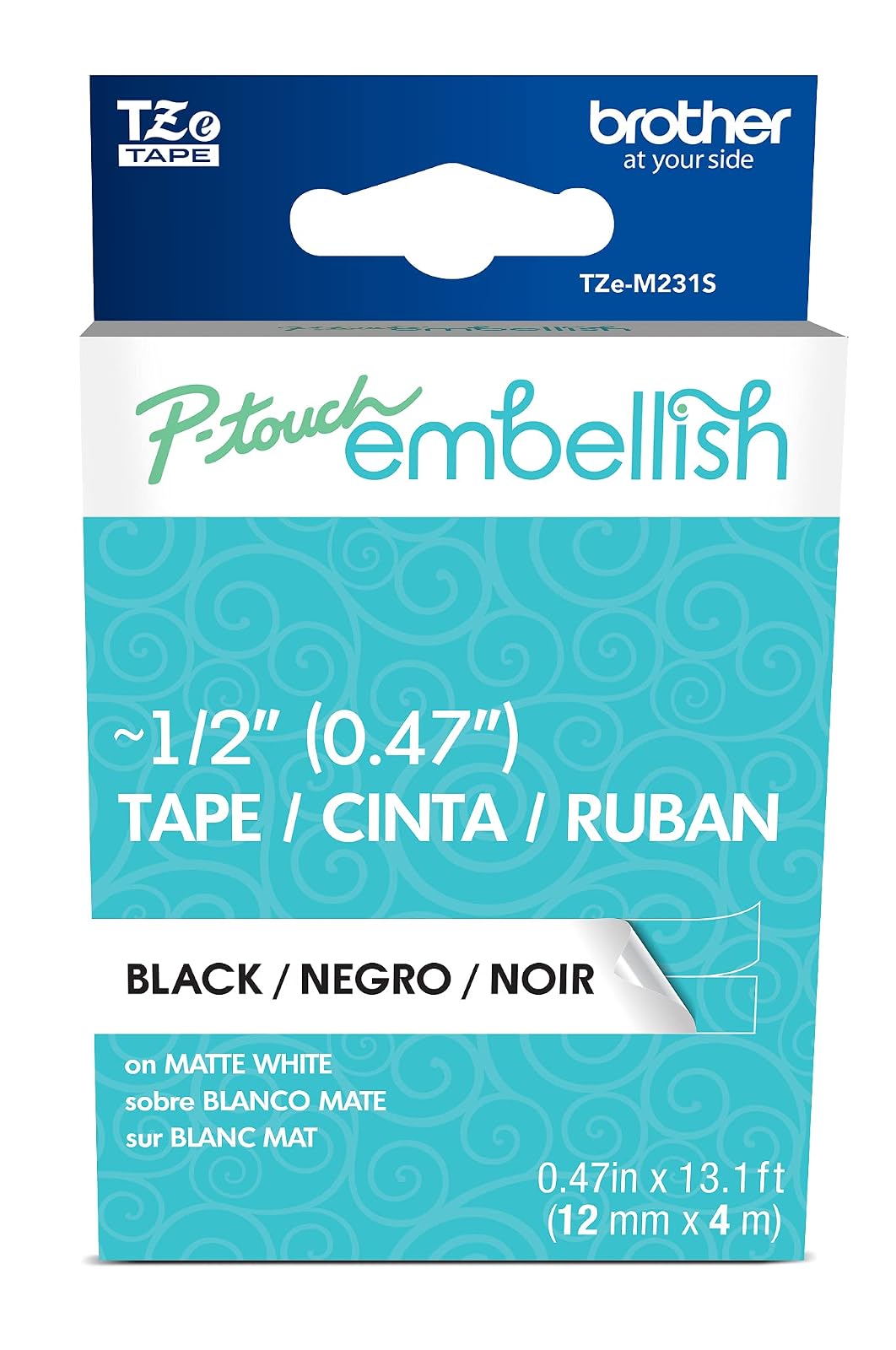 Brother P-touch TZEM231S TZEM231S - TZE-M231S - Cinta decorativa de color negro y blanco mate - ~½" de ancho x 13.1 pies de largo para usar con cinta de adorno P-touch y impresora de cinta, TZE-M231S