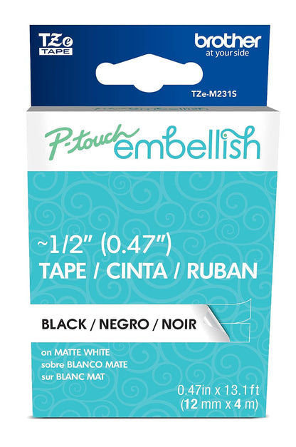 Brother P-touch TZEM231S TZEM231S - TZE-M231S - Cinta decorativa de color negro y blanco mate - ~½" de ancho x 13.1 pies de largo para usar con cinta de adorno P-touch y impresora de cinta, TZE-M231S