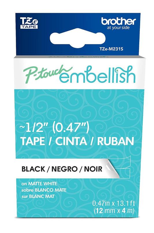 Brother P-touch TZEM231S TZEM231S - TZE-M231S - Cinta decorativa de color negro y blanco mate - ~½" de ancho x 13.1 pies de largo para usar con cinta de adorno P-touch y impresora de cinta, TZE-M231S