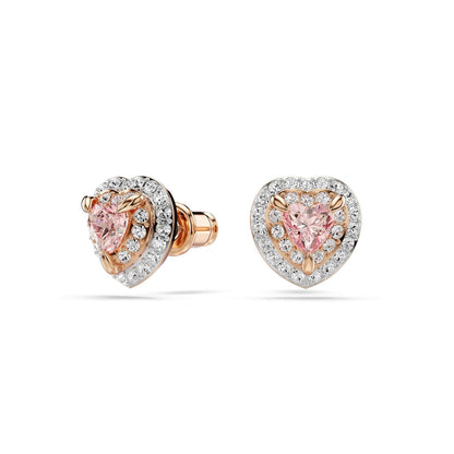 arete Swarovski One con forma de corazón, pavé, corazón, rosa, acabado de metal mixto