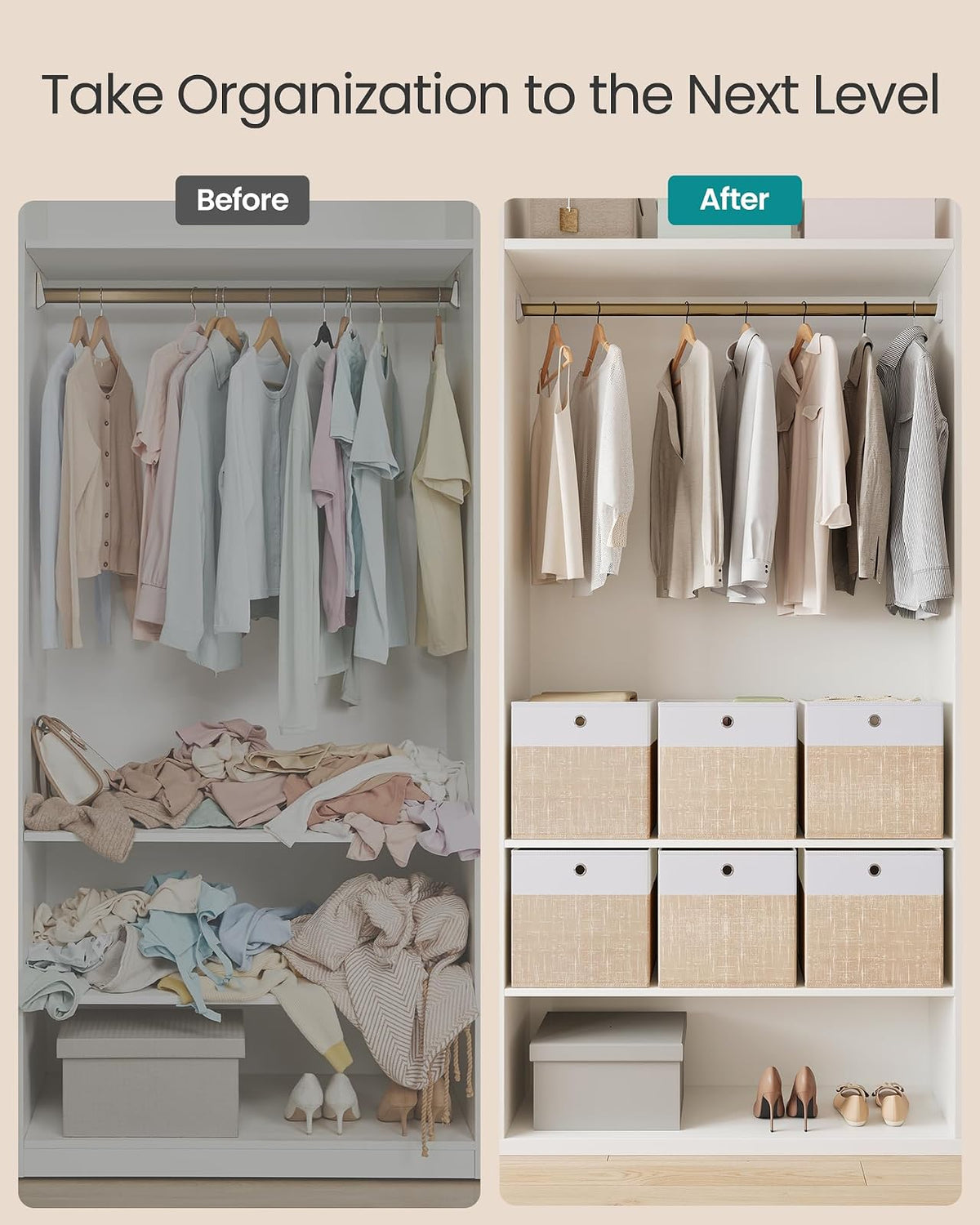SONGMICS Cajas Organizadoras de Tela, 6 Piezas, 33 x 33 x 33 cm | Cubos de Almacenamiento Plegables, para Clóset, Blanco y Beige, Colección TINA MRFB433LF02