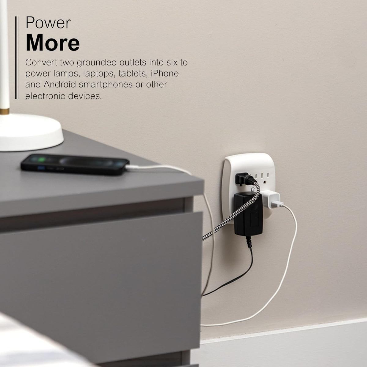 GE 6-Outlet Extender Wall Tap, 2 Pack, Grounded Adapter, Charging Station, 3-Prong, Secure Install, UL Listed, White, 46852