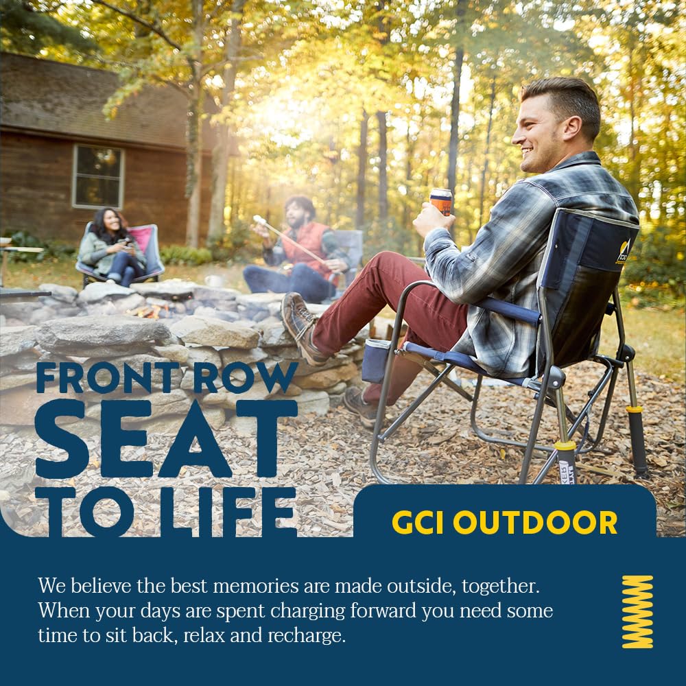 GCI Outdoor - Silla Mecedora Plegable portátil con reposabrazos sólidos y duraderos, Soporte para Bebidas y Respaldo cómodo, Color Azul Real