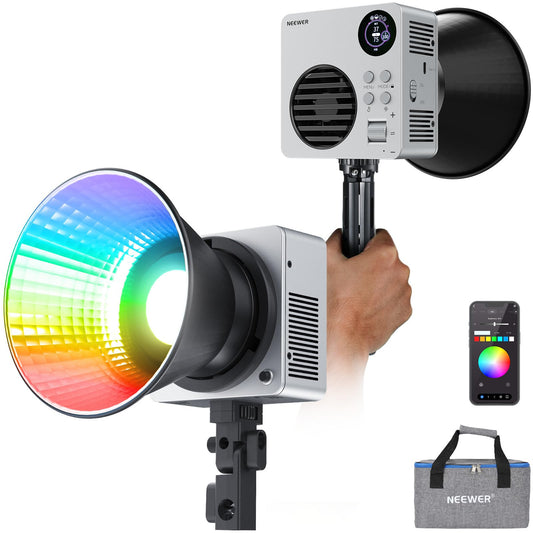 NEEWER HB80C RGBWW Luz Vídeo LED con Batería Incorporada 72Wh y PD 100W Carga Rápida 80W Mini RGB COB Iluminación Continua Foco Fotografía Portátil con Montaje Bowens 2500K-7500K 10400lux/m 18 Efectos