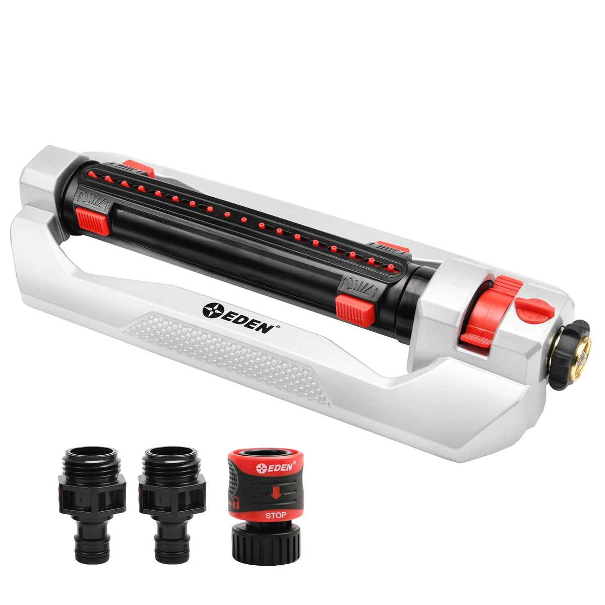 Eden 94095 - Aspersor oscilante turbo resistente, cubre hasta 4.000 m2 18 boquillas de precisión, base de aluminio ponderado, rango ajustable, control de flujo, pestañas de ajuste de ancho, paquete de