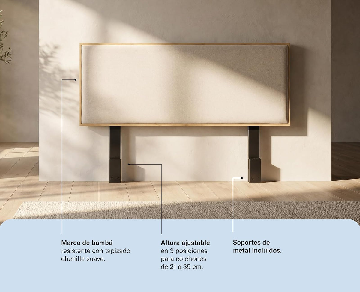 Luuna - Cabecera Cama Queen Size, Cabecera de Cama de Madera de Bambú, Respaldo para Cama Resistente, Tapizada, Garantìa de 1 Año, Color Beige