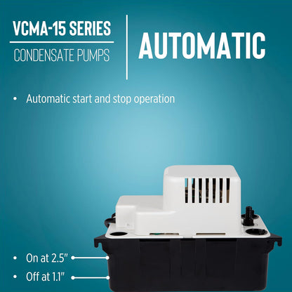 Little Giant VCMA-15UL Bomba automática de extracción de condensado de 115 voltios, 65 GPH, 1/50 HP para sistemas HVAC/refrigeración/deshumidificadores (sin interruptor de seguridad), cable de 6 pies