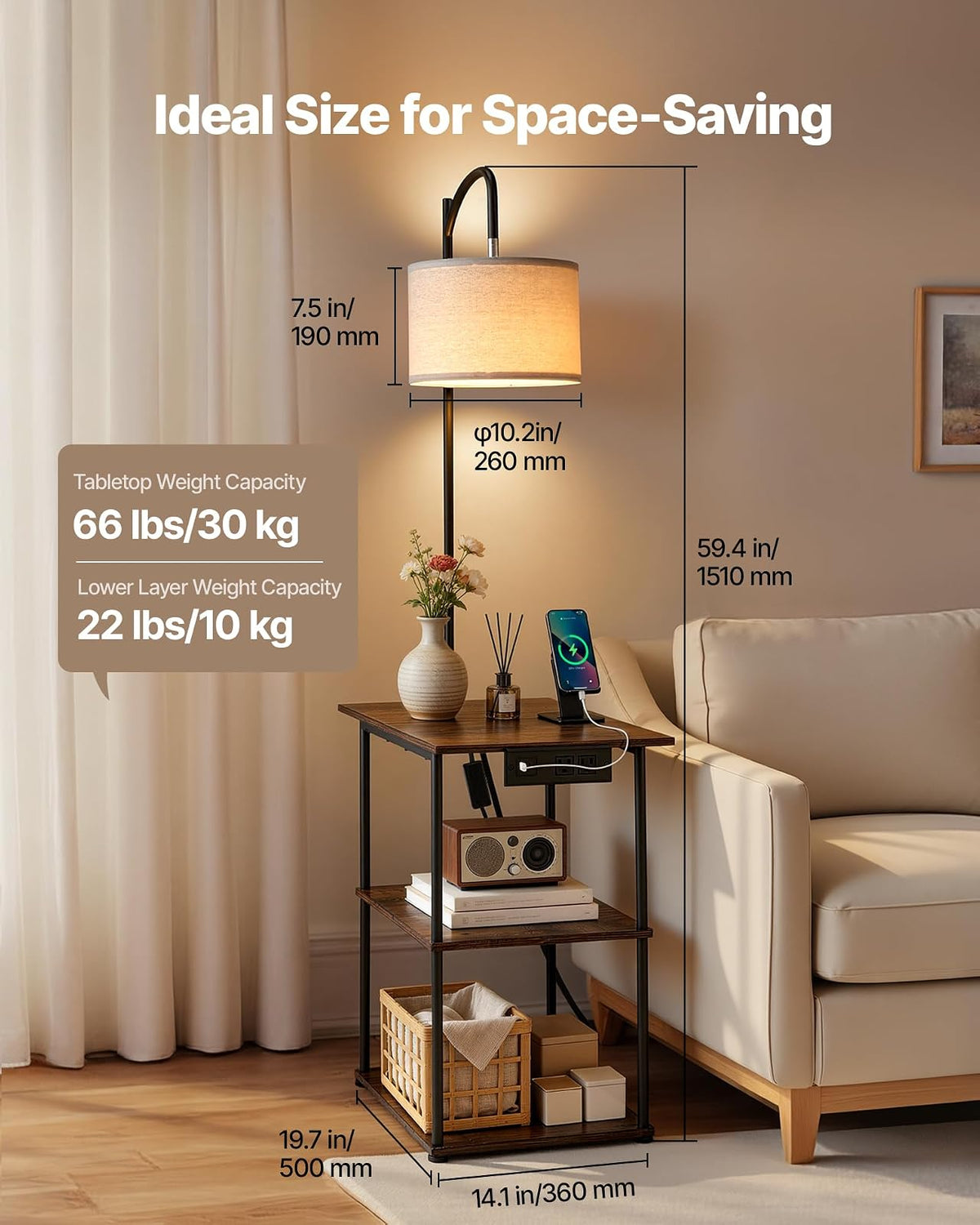 VEVOR Lámpara de Pie con Mesa, Mesa Auxiliar Estrecha de 3 Niveles con Estantes Abiertos e Iluminación de 3 Temperaturas de Color, con Puerto de Carga USB, Tipo C y CA para Sala de Estar, Dormitorio