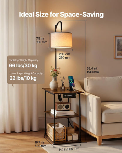 VEVOR Lámpara de Pie con Mesa, Mesa Auxiliar Estrecha de 3 Niveles con Estantes Abiertos e Iluminación de 3 Temperaturas de Color, con Puerto de Carga USB, Tipo C y CA para Sala de Estar, Dormitorio