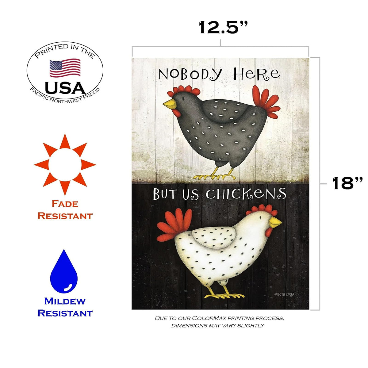 Toland Home Garden Nobody Here But Us Chickens 12.5 x 18 Inch Decorative Funny Farm Barnyard Animal Garden Flag