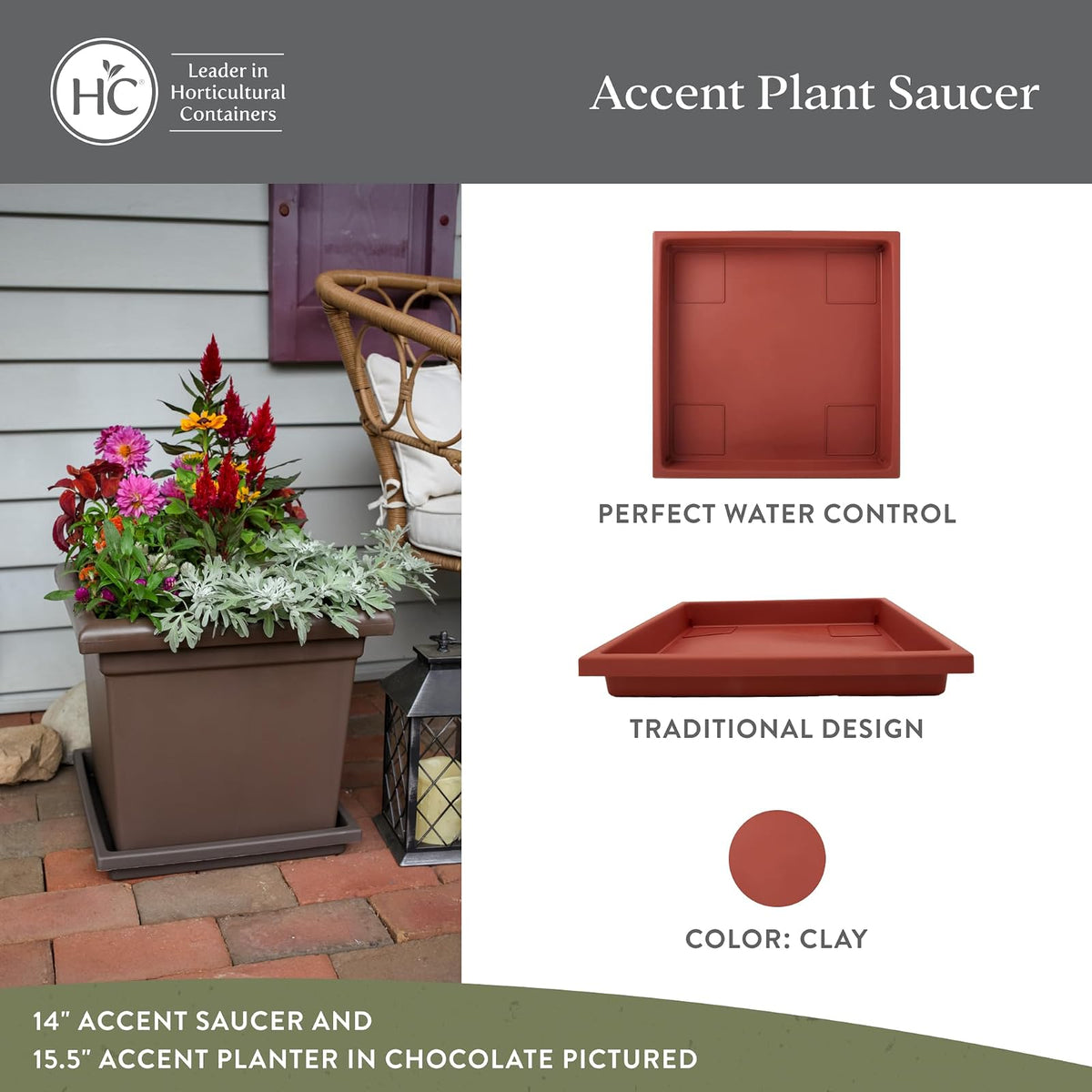 The HC Companies - Platillo Cuadrado para Plantas - Bandejas de plástico duraderas para Plantas, Elegante Bandeja Cuadrada para Drenaje de Agua, platillo Resistente a los Rayos UV para Uso en