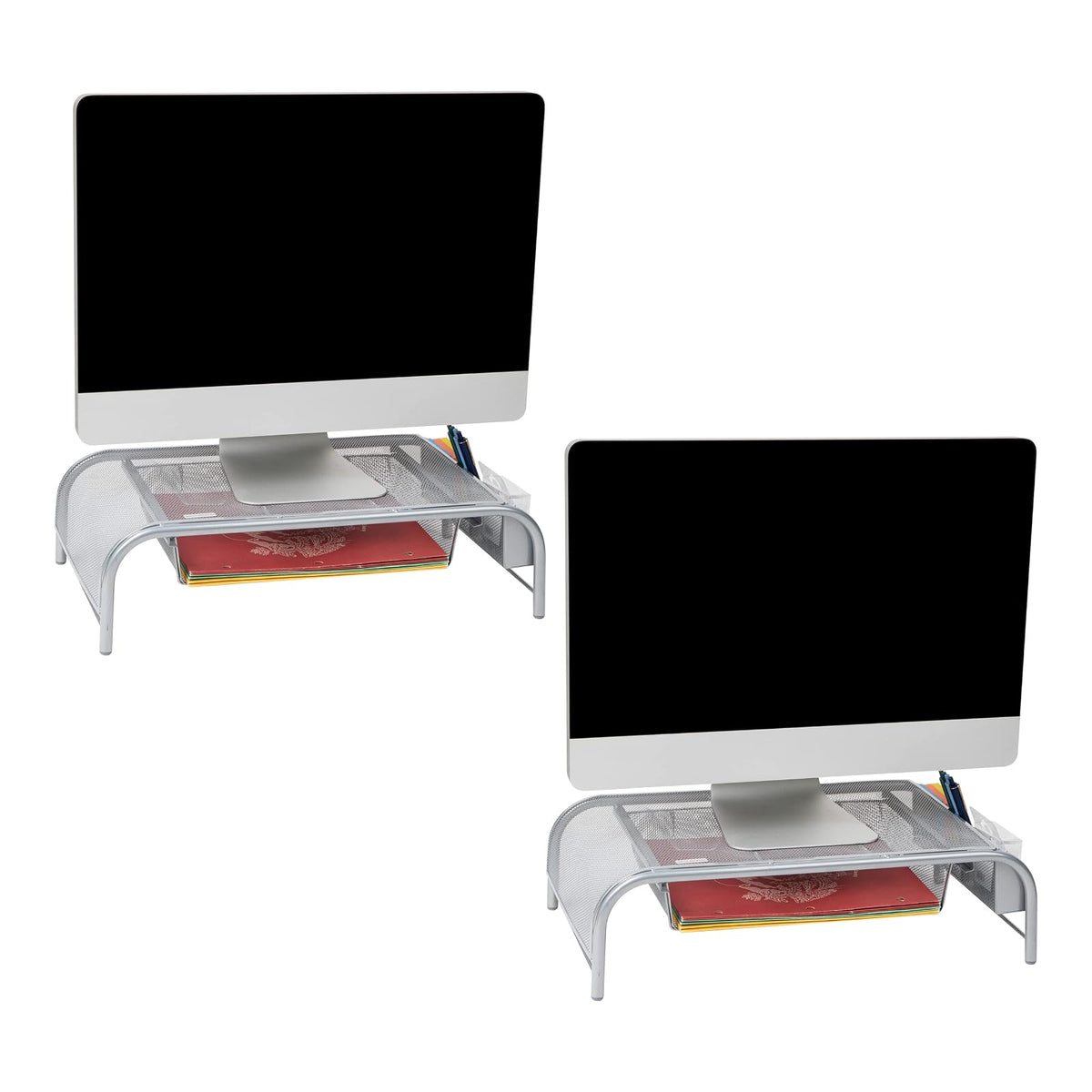 Mind Reader MESHMONSTA-BLK Soporte de Malla de Metal para Monitor y Organizador de computadora con cajón, Plateado 2 por Paquete, 1