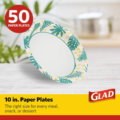 Glad Tabletop Round Disposable Paper Plates With Palm Leaves Design, 10 Inches, 50 Count