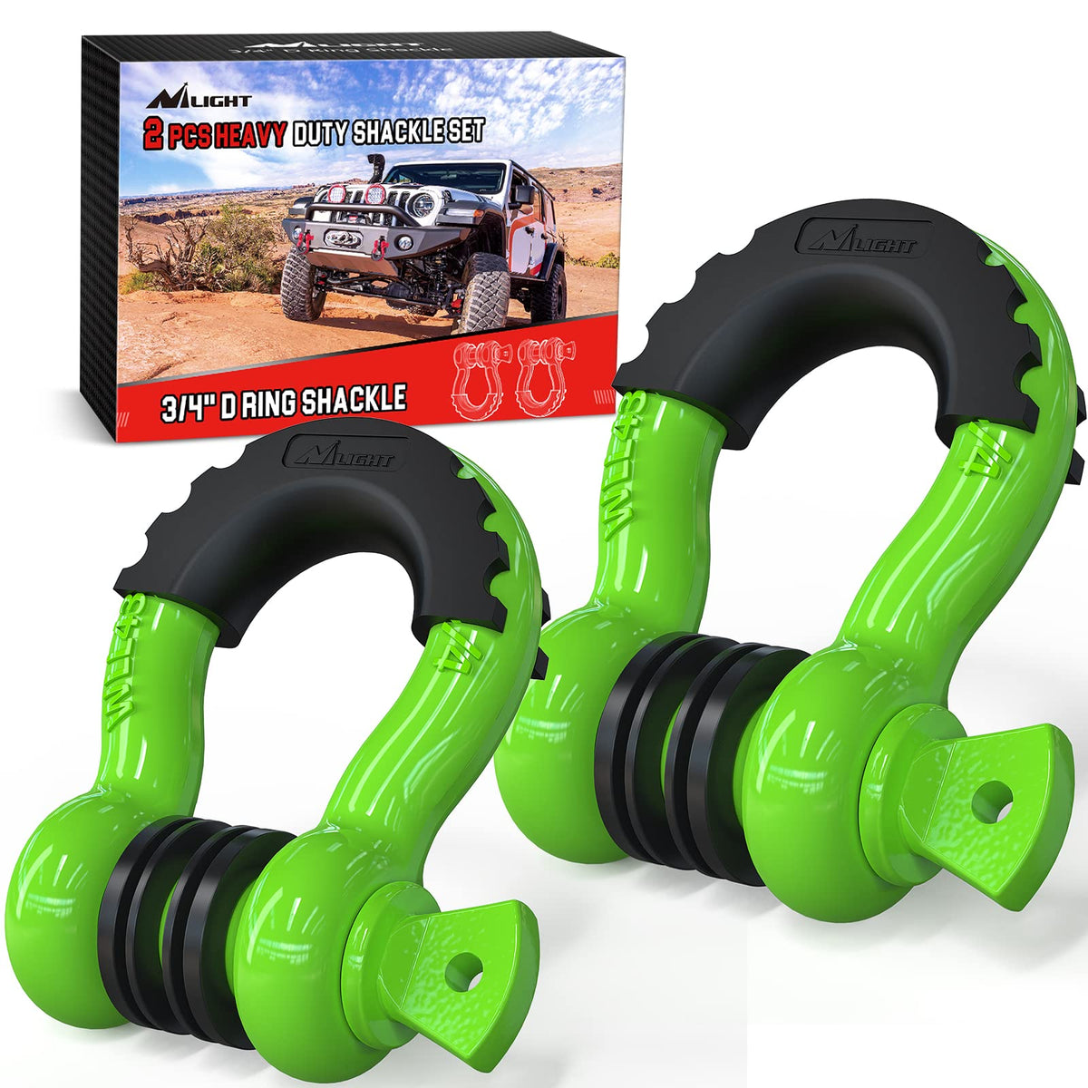 Nilight 2 Pack 3/4" D-Ring Shackle with 7/8" Screw Pin 41,887lbs Break Strength, Heavy Duty Off Road Recovery with Isolators Washers for Use with Tow Strap, Winch, Off-Road Truck Vehicle - Verde