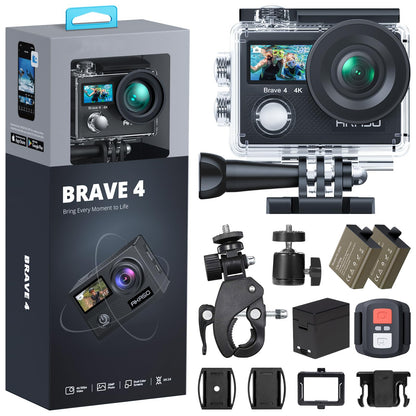 AKASO Brave 4 Cámara Deportiva 4K 20MP Cámara de Acción para Moto Ciclismo | Cámara Acuática Sumergible con EIS, WiFi, modo de conducción, 5X Zoom, kit de accesorios, para Deporte al aire libre/a diario