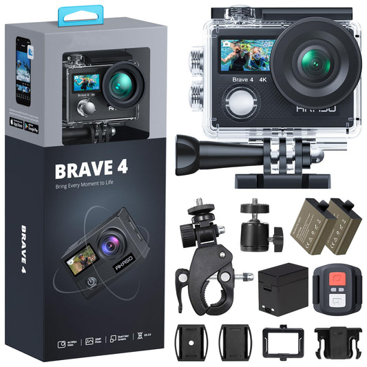 AKASO Brave 4 Cámara Deportiva 4K 20MP Cámara de Acción para Moto Ciclismo | Cámara Acuática Sumergible con EIS, WiFi, modo de conducción, 5X Zoom, kit de accesorios, para Deporte al aire libre/a diario