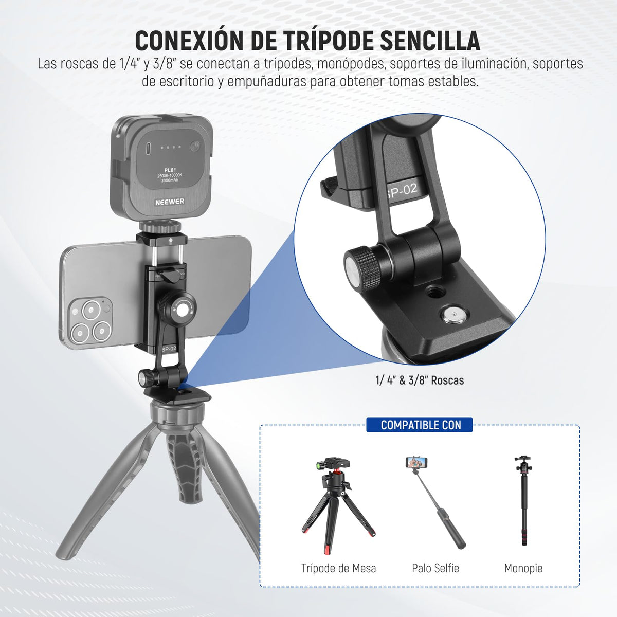 NEEWER SP-02 Típode Móvil Montaje Adaptador con Placa Liberación Rápida Arca Zapata Fría 360° Rotación 180° Tilt Paño Limpieza, Soporte Plegable Compatible con iPhone Android Samsung para Grabación