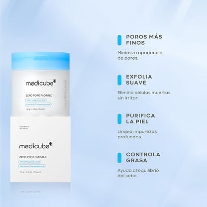 MEDICUBE Zero Pore Madecassoside Pads Mild, Pads Tonificantes Faciales con PHA, Madecassoside, Pantenol y Ácido Hialurónico, Exfoliación Suave para Piel Sensible, 70 Pads