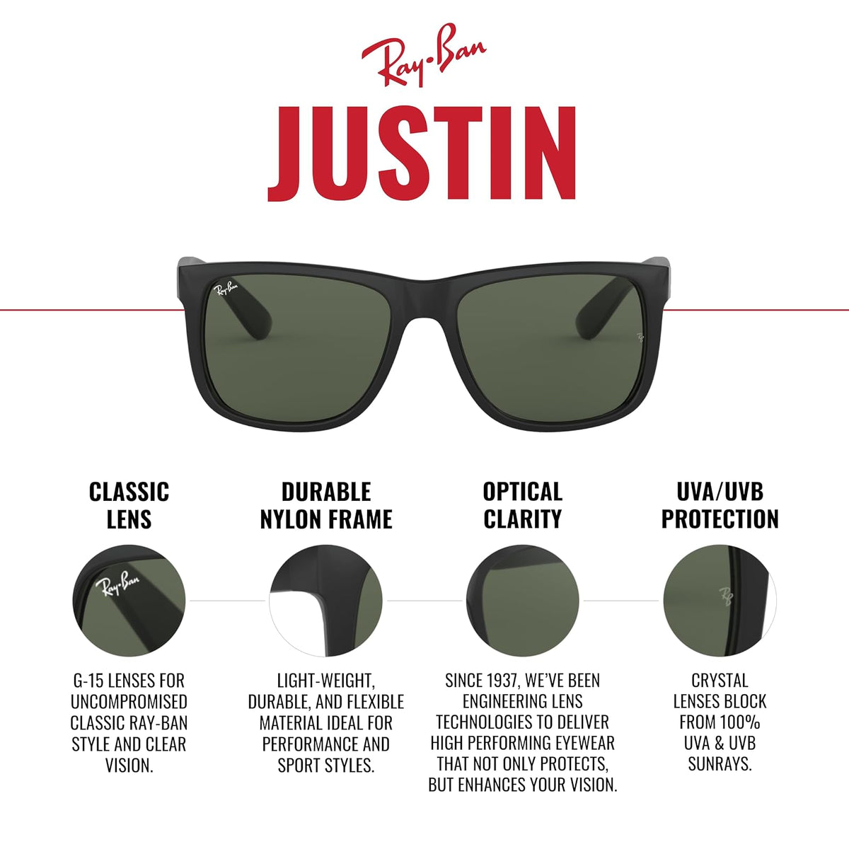 Lentes oscuros Ray-Ban, Rb4165 Justin, Unisex adulto