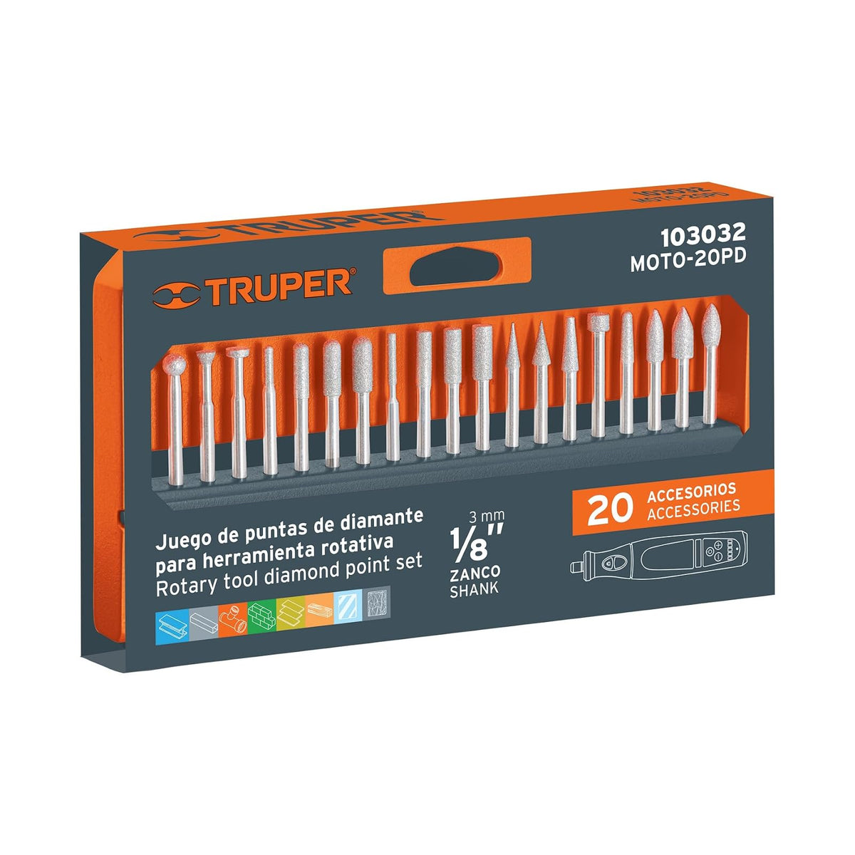 Truper MOTO-20PD, Juego de 20 puntas diamantadas para mototool