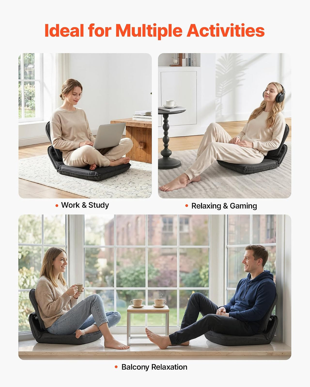 VEVOR Silla de Suelo Relax, Silla Reclinable con Respaldo Ajustable en 5 Posiciones, Soporte Ergonómico, Marco Metálico y Tapizado de Lino, para Lectura Descanso Sala de Estar Dormitorio, Color Negro