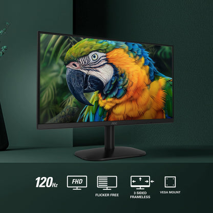 AOC Monitor 24 Pulgadas, 24B35H3, FHD IPS, 120Hz, 1ms, VESA, sincronización adaptativa, VGA y HDMI, sin Parpadeo, luz Azul Baja, Listo para HDR, VESA, Ajuste de inclinación.