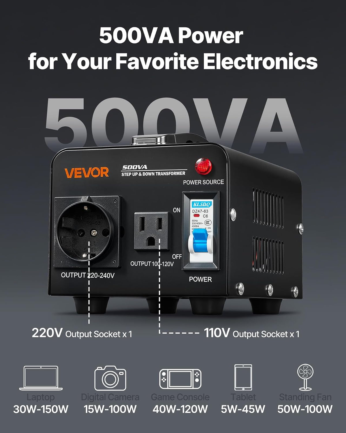 VEVOR Transformador convertidor de voltaje de 500 VA, transformador elevador/reductor de potencia de alta resistencia, convierte de 110 V a 220 V y de 220 V a 110 V