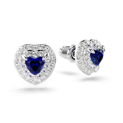 arete Swarovski One, corte de corazón, pavé, corazón, azul, baño de rodio