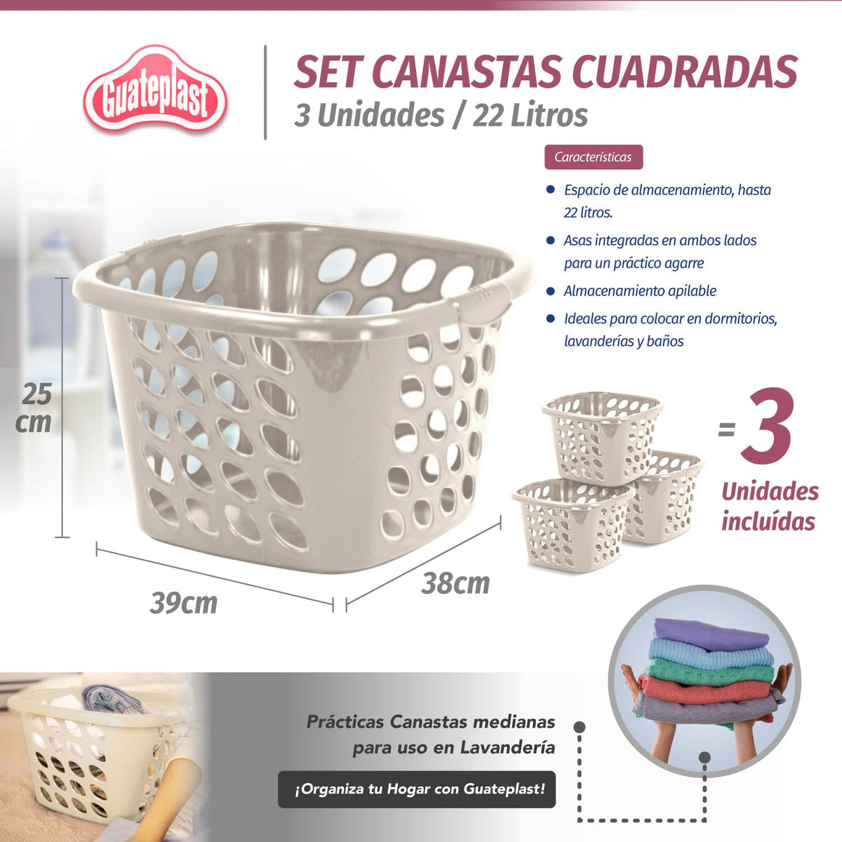 Guateplast Cestas Plásticas Cuadradas 22L Set de 3 | Beige, polipropileno virgen, sin BPA, apilables, agarradores laterales