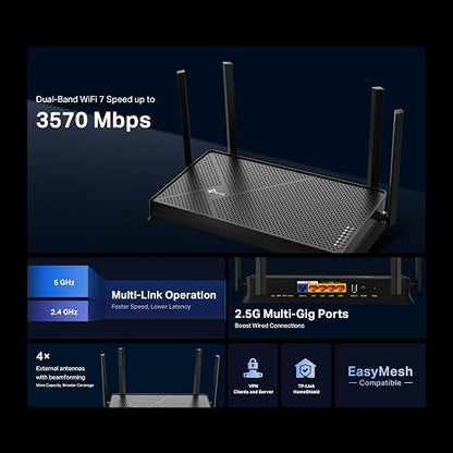 TP-Link Archer BE230 – Router Wi-Fi 7 BE3600 de Doble Banda, hasta 3.6 Gbps, 2 × Puertos 2.5 Gbps, 3 × Puertos LAN Gigabit, Puerto USB 3.0, EasyMesh y Seguridad HomeShield