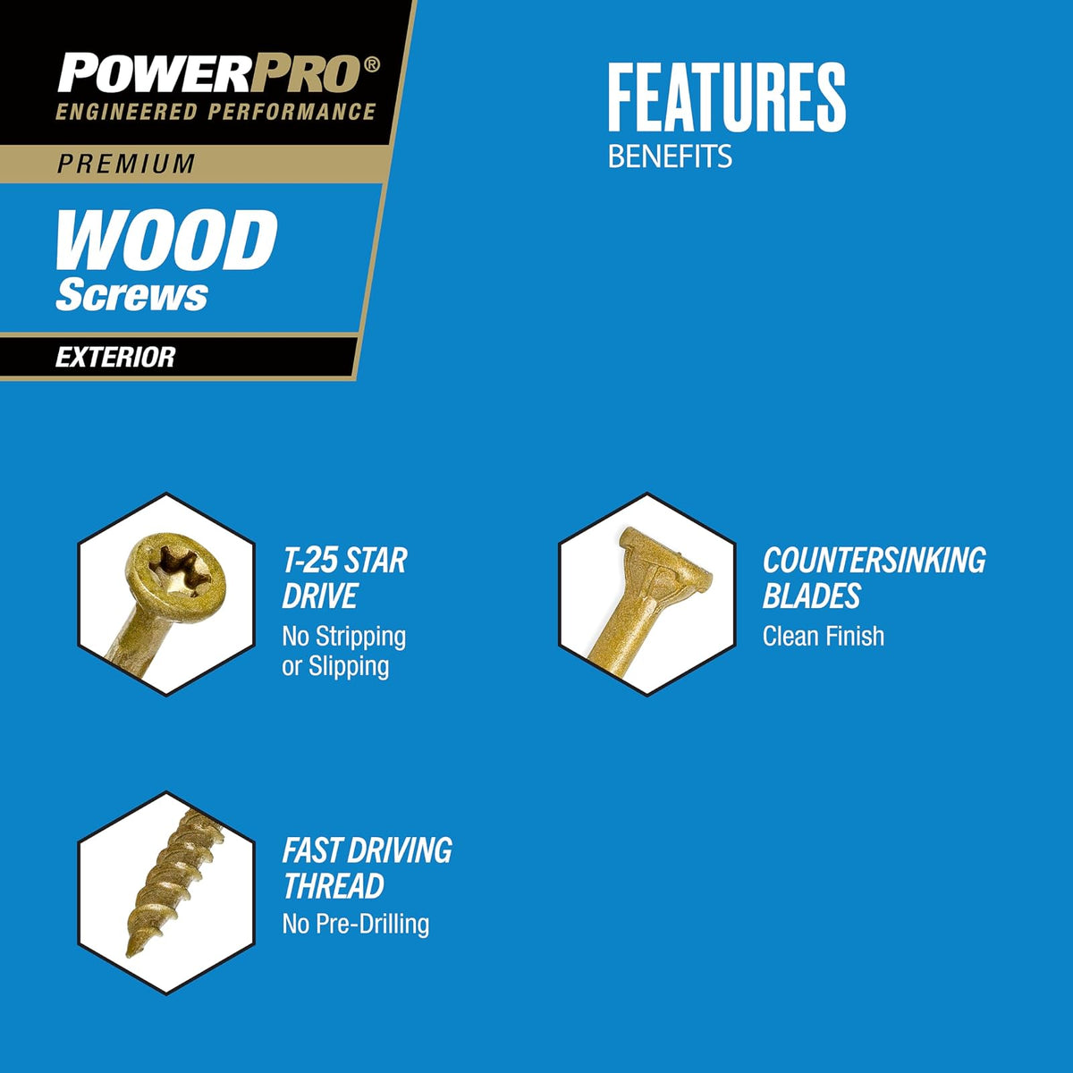 Power Pro 48595 Tornillos para madera, #8 x 1-1/2 pulgadas, tornillos para cubierta exterior premium, resistentes a la corrosión, bronce recubierto de epoxi, caja de 1 libra, 203 piezas
