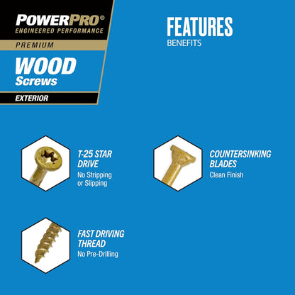 Power Pro 48595 Tornillos para madera, #8 x 1-1/2 pulgadas, tornillos para cubierta exterior premium, resistentes a la corrosión, bronce recubierto de epoxi, caja de 1 libra, 203 piezas